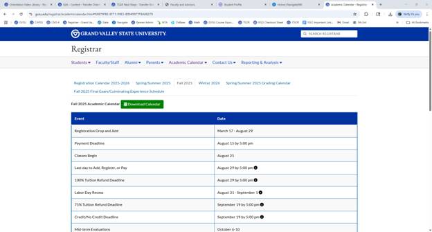 link to important dates by semester